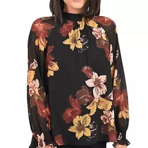 NWT DR2 by Daniel Rainn Blouse Women's Size XXL Black Floral Print Puff Sleeves